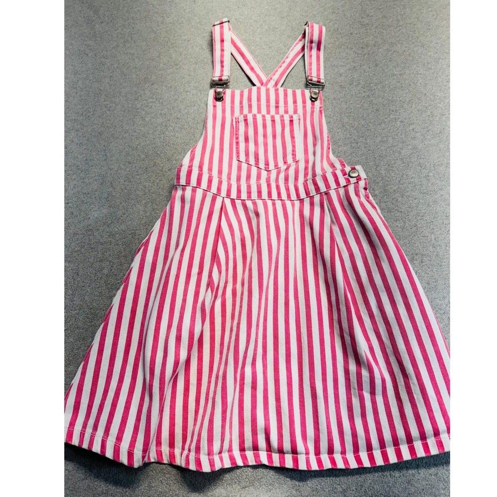 Girls Size 8 Pink White Striped Overall Jumper Dress Adjustable Straps Summer